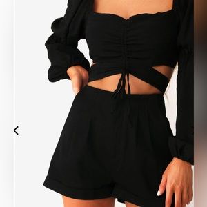 Cute, black, wrap crop top and matching shorts